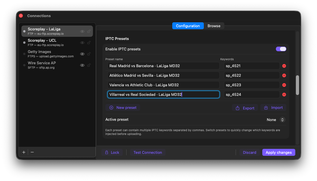 FTPush IPTC Presets configured for LaLiga MD32: four matches with sp_ keywords