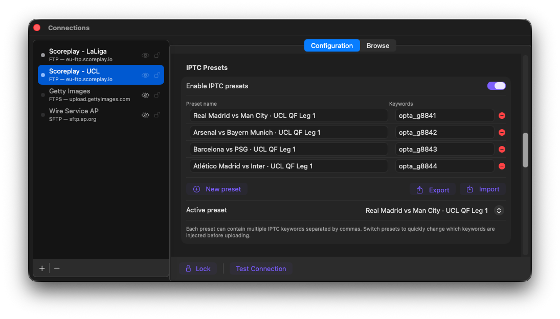 FTPush IPTC Presets configured for UCL QF: four matches with opta_ keywords