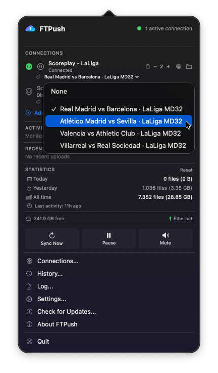 FTPush popover: preset dropdown open to switch between matches